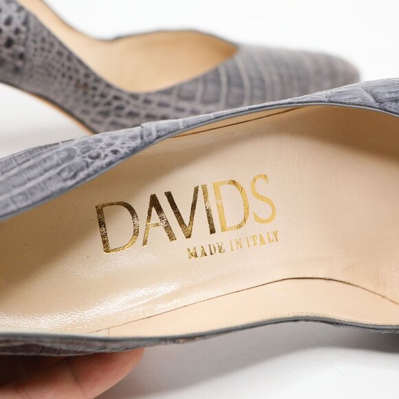 Vintage David' Croco Embossed Leather Point Toe Pumps Grey 80s Italy - Picture 5 of 9